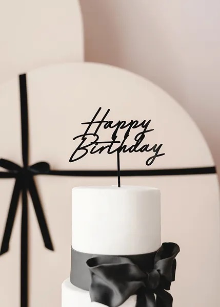 topper na tort urodzinowy, Happy Birthday, czarny